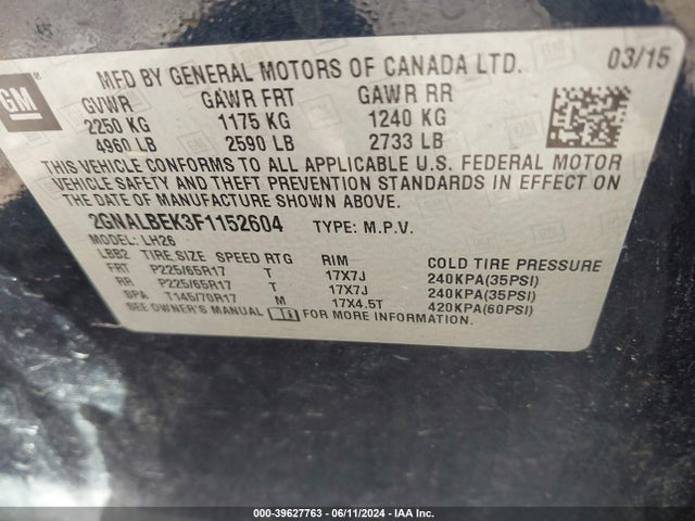 Chevrolet EQUINOX 1LT 2015 2GNALBEK3F1152604 Image 9