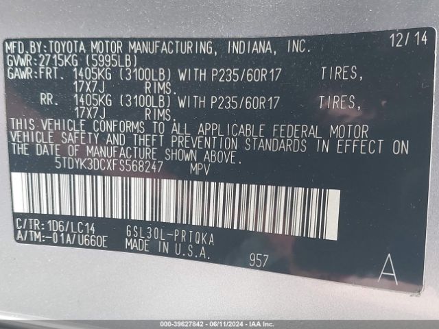 5TDYK3DCXFS568247 Toyota Sienna Xle Premium 8 Passenger