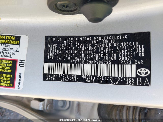 Toyota COROLLA SE 2019 5YFBURHE9KP906285 Image 9