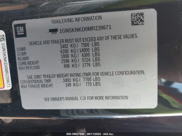 1GNSKNKD0MR239671 Chevrolet Tahoe 4wd Lt