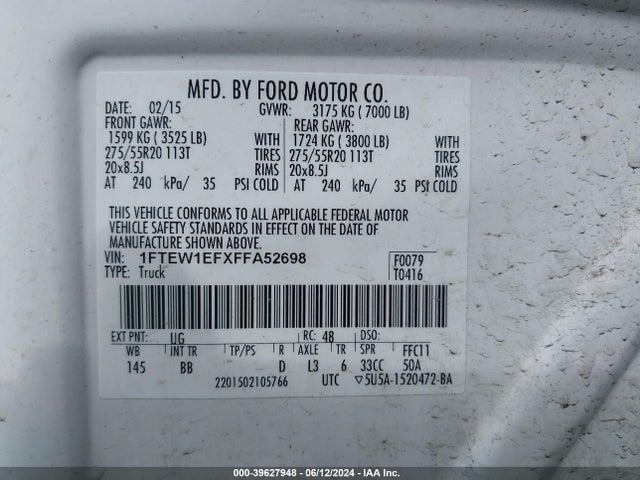 Ford F-150 Platinum 2015 1FTEW1EFXFFA52698 Image 9