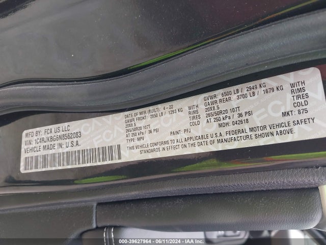 1C4RJKBG6N8562083 Jeep Grand Cherokee L Limited 4x4