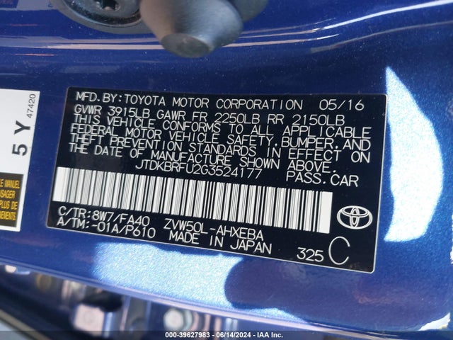 Toyota Prius Two 2016 JTDKBRFU2G3524177 Image 9
