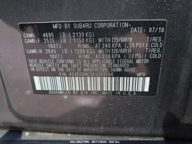Subaru Outback 2.5i Limited 2019 4S4BSANC5K3203586 Image 9