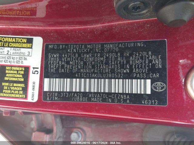 Toyota CAMRY LE 2020 4T1C11AK0LU380532 Image 9