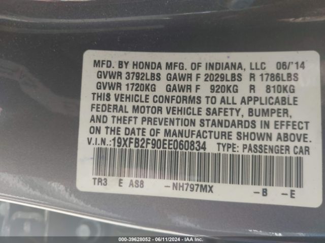 19XFB2F90EE060834 Honda Civic Ex-l