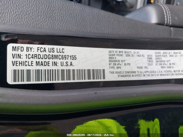 1C4RDJDG8MC697155 Dodge Durango Gt Plus Awd