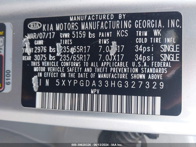 KIA Sorento 2.4l Lx 2017 5XYPGDA33HG327329 Image 9