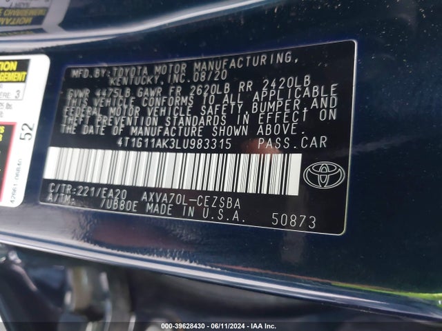 Toyota CAMRY SE 2020 4T1G11AK3LU983315 Image 9