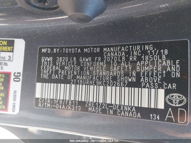 2T1BURHE9KC202667 Toyota COROLLA LE