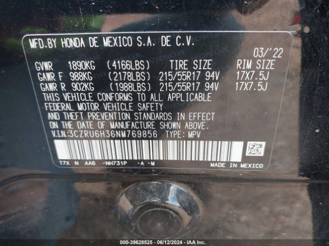 3CZRU6H36NM769856 Honda Hr-v Awd Lx
