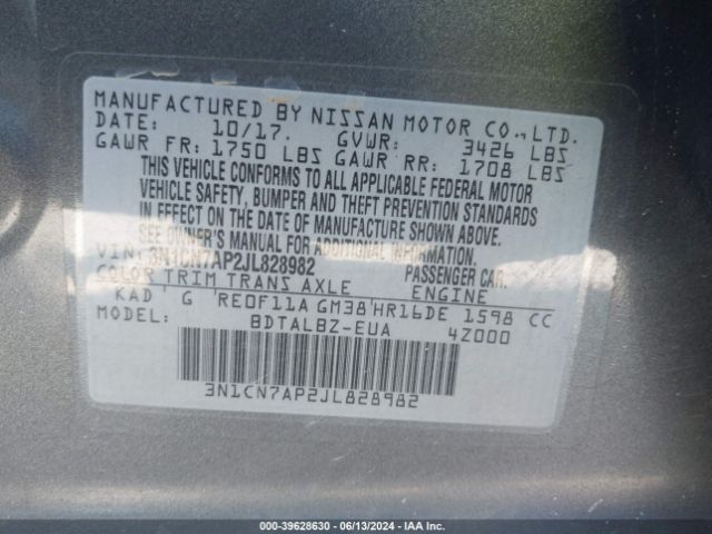 3N1CN7AP2JL828982 Nissan Versa 1.6 Sv
