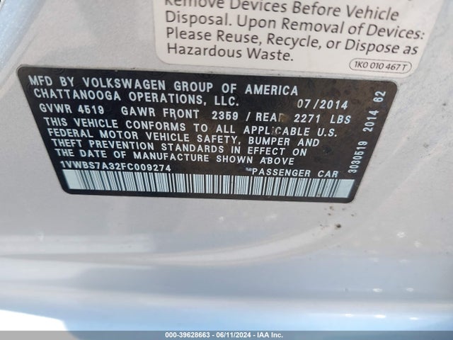 1VWBS7A32FC009274 Volkswagen Passat 1.8t Se
