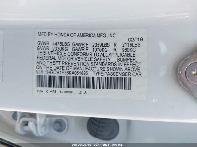 1HGCV1F38KA051685 Honda Accord Sport