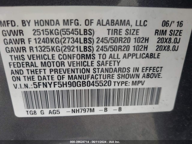 Honda Pilot Touring 2016 5FNYF5H90GB045520 Image 9