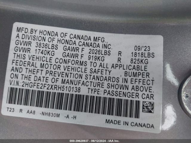 2HGFE2F2XRH510138 Honda Civic Lx