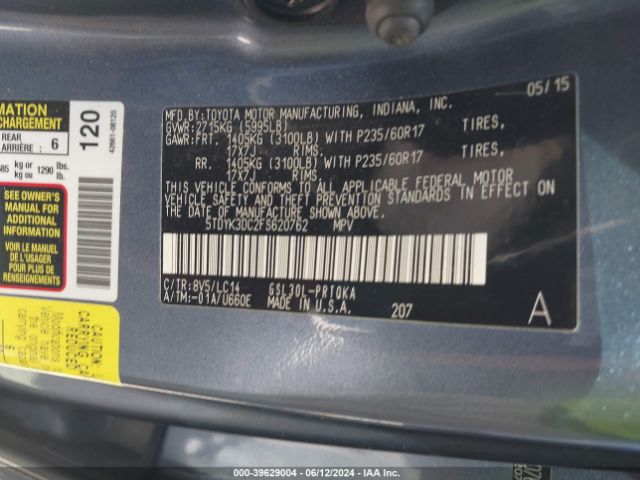 5TDYK3DC2FS620762 Toyota Sienna Xle 8 Passenger