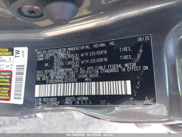 Toyota Highlander Xle 2020 5TDHZRBH6LS035692 Image 9
