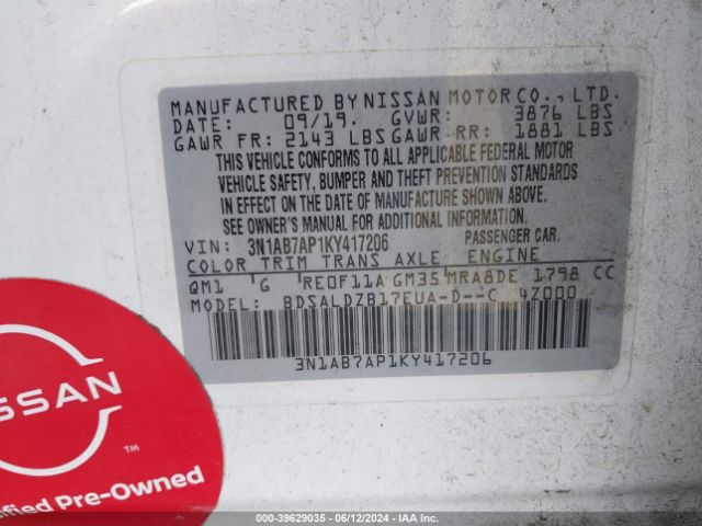 3N1AB7AP1KY417206 Nissan SENTRA SV