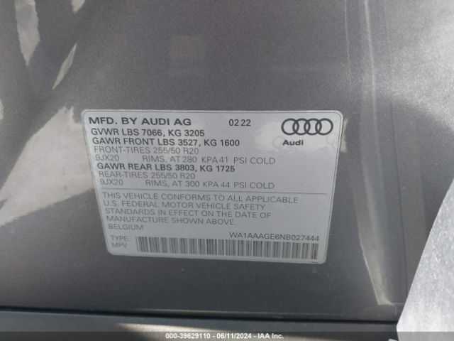 WA1AAAGE6NB027444 Audi E-tron Premium Quattro