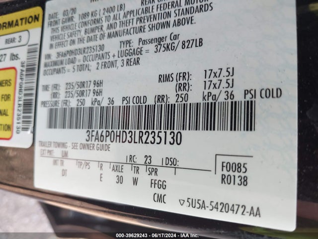 Ford FUSION SE 2020 3FA6P0HD3LR235130 Image 9