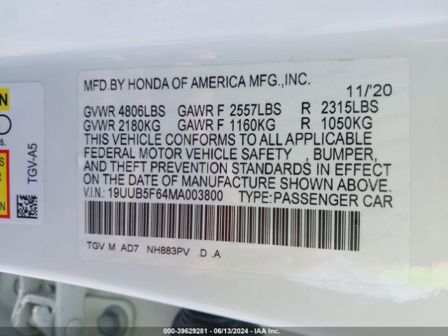 19UUB5F64MA003800 Acura Tlx Advance Package