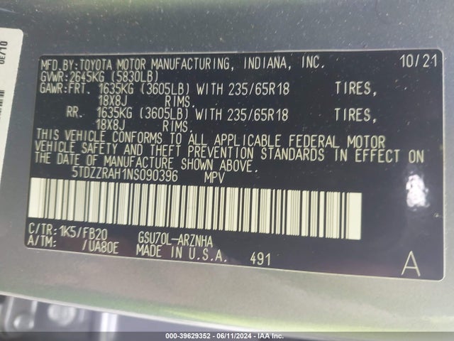 Toyota Highlander Le 2022 5TDZZRAH1NS090396 Image 9