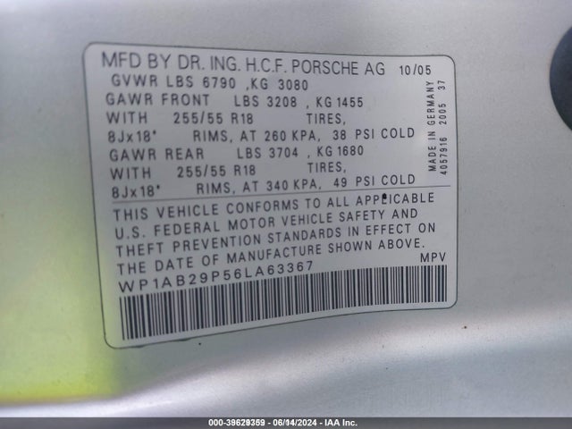 2006 PORSCHE CAYENNE WP1AB29P56LA63367 Photo 8