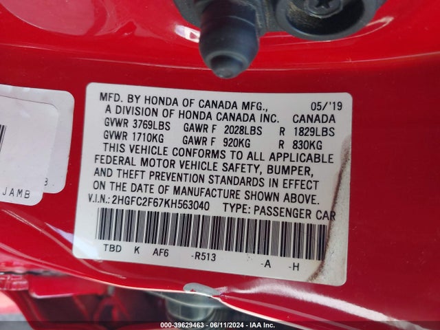 Honda Civic Lx 2019 2HGFC2F67KH563040 Image 9