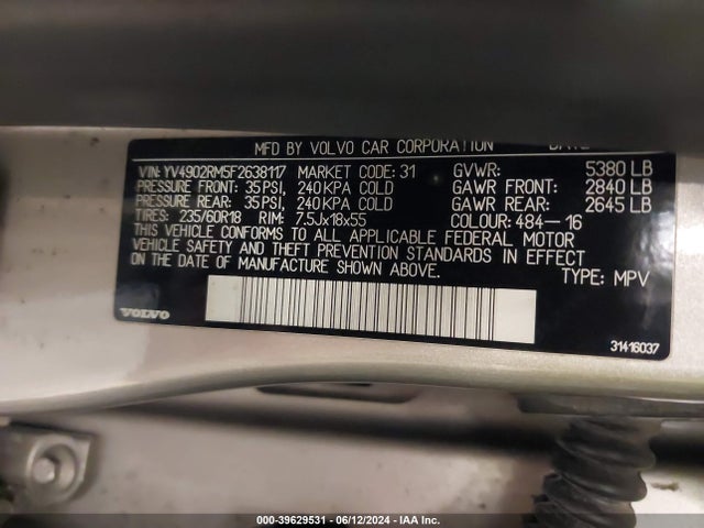 YV4902RM5F2638117 Volvo Xc60 T6 Platinum