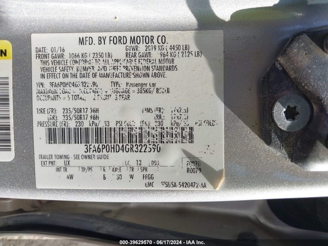 Ford FUSION SE 2016 3FA6P0HD4GR322590 Image 9