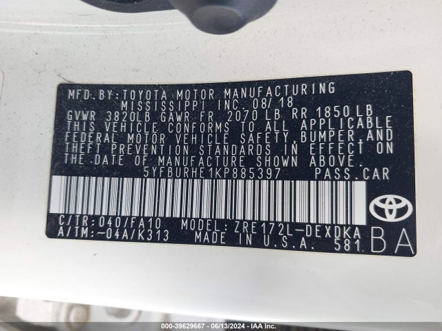 Toyota COROLLA L 2019 5YFBURHE1KP885397 Image 9