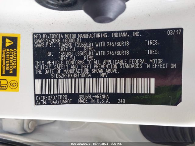 5TDBZRFHXHS410054 Toyota Highlander Le