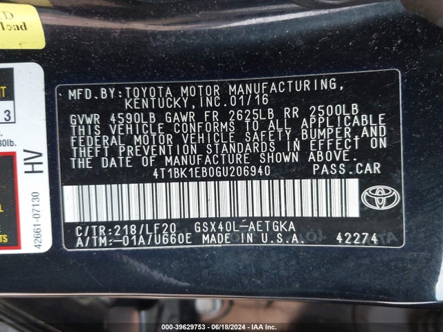 Toyota Avalon Xle Premium 2016 4T1BK1EB0GU206940 Image 9