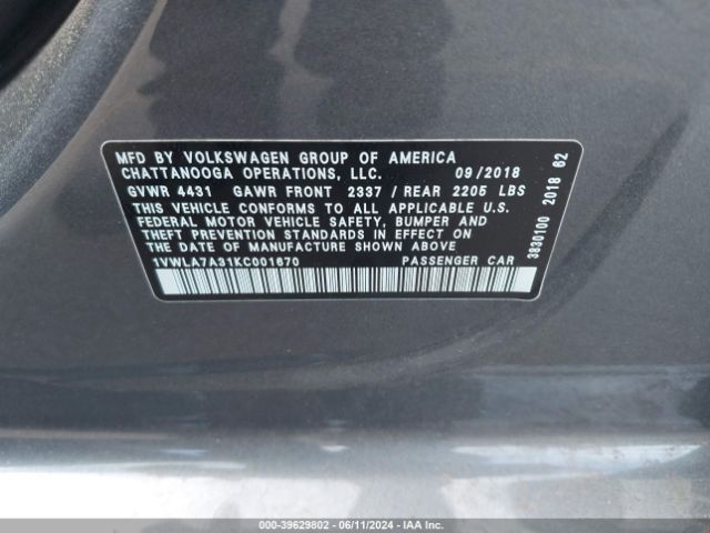 1VWLA7A31KC001670 Volkswagen Passat 2.0t Wolfsburg Edition