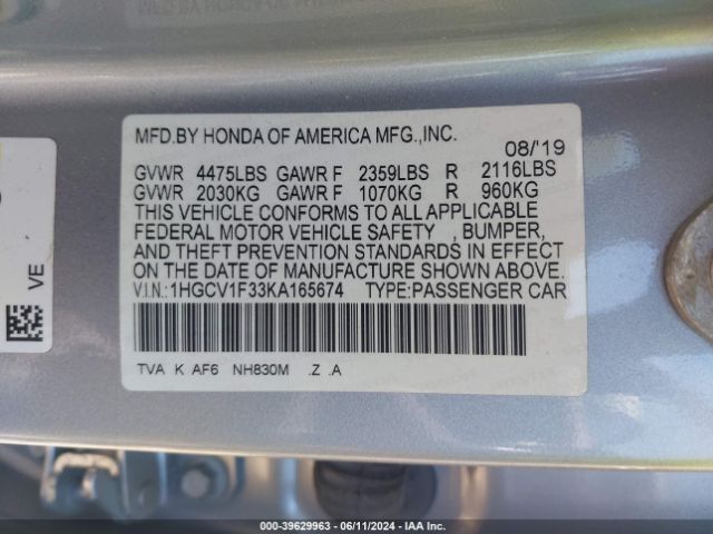 1HGCV1F33KA165674 Honda Accord Sport
