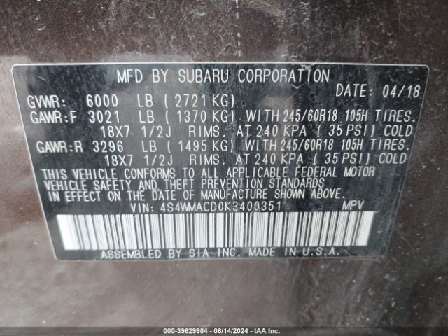4S4WMACD0K3400351 Subaru Ascent Premium