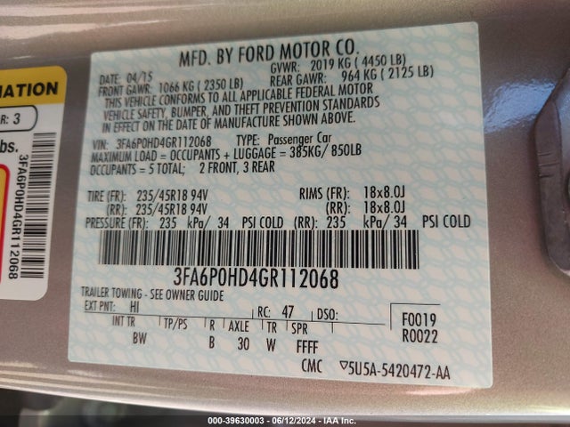Ford FUSION SE 2016 3FA6P0HD4GR112068 Image 9