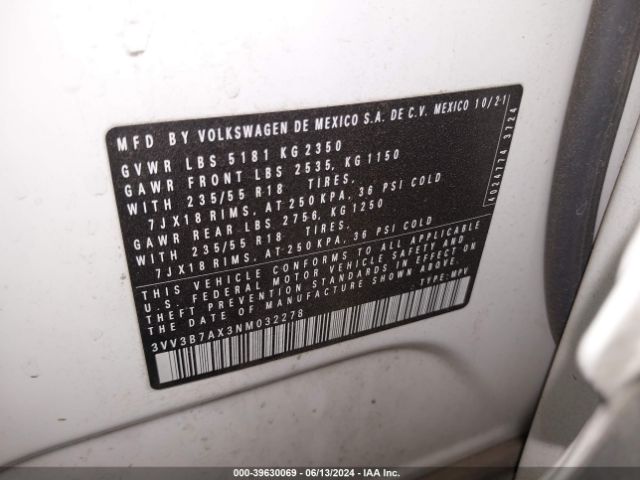 3VV3B7AX3NM032278 Volkswagen Tiguan 2.0t Se