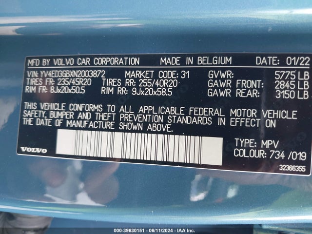 YV4ED3GBXN2003872 Volvo C40 Recharge Pure Electric P8 Ultimate