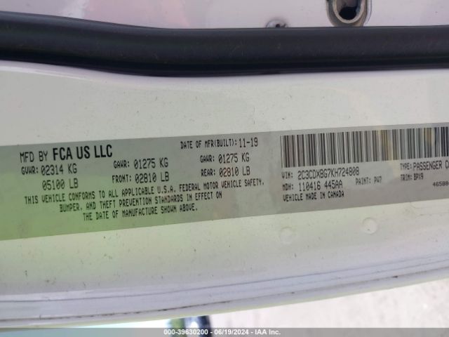 2C3CDXBG7KH724808 Dodge Charger Sxt Rwd