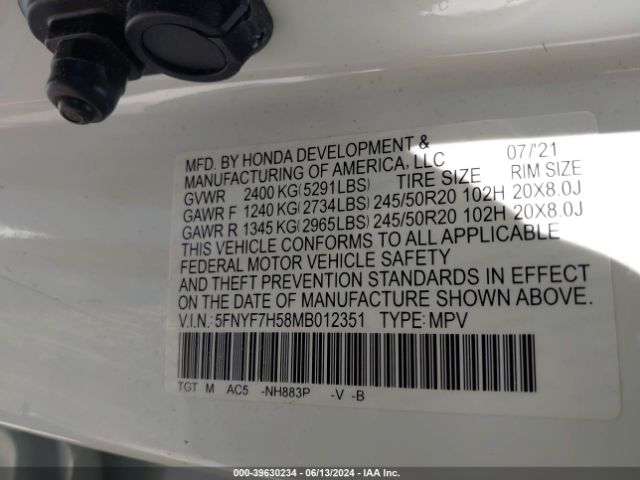 5FNYF7H58MB012351 Honda Passport 2wd Ex-l