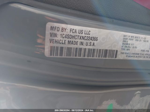 1C4SDHCTXNC224366 Dodge Durango R/t Rwd