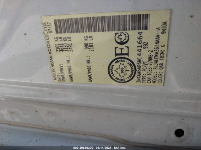 1N4AA6AP6HC441664 Nissan Maxima 3.5 Platinum/3.5 S/3.5 Sl/3.5 Sr/3.5 Sv