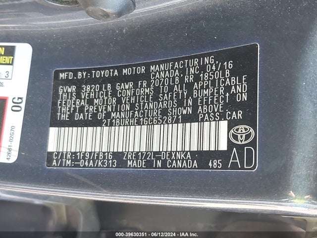 Toyota COROLLA LE 2016 2T1BURHE1GC652871 Image 9