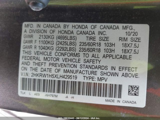 2HKRW1H5XLH429519 Honda Cr-v 2wd Ex