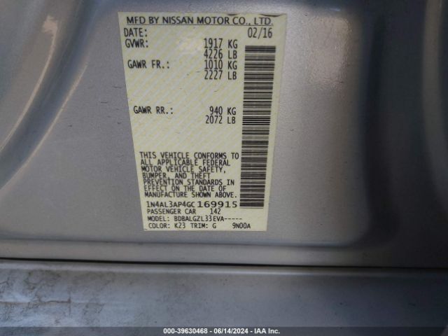 1N4AL3AP4GC169915 Nissan Altima 2.5/2.5 S/2.5 Sl/2.5 Sr/2.5 Sv