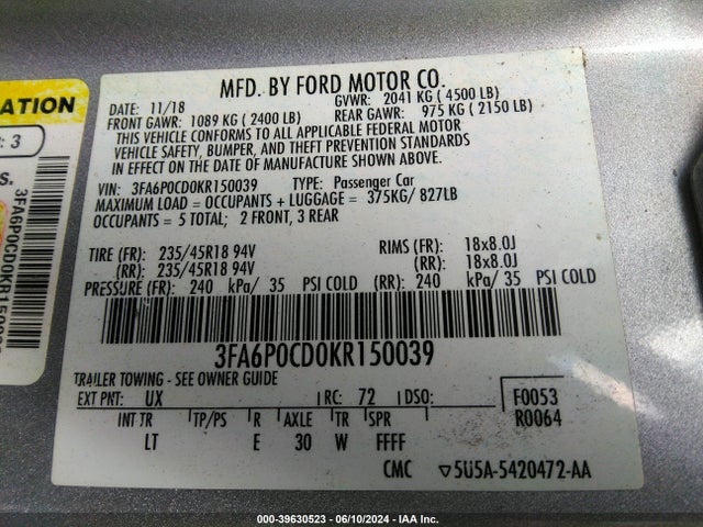 Ford FUSION SEL 2019 3FA6P0CD0KR150039 Image 9