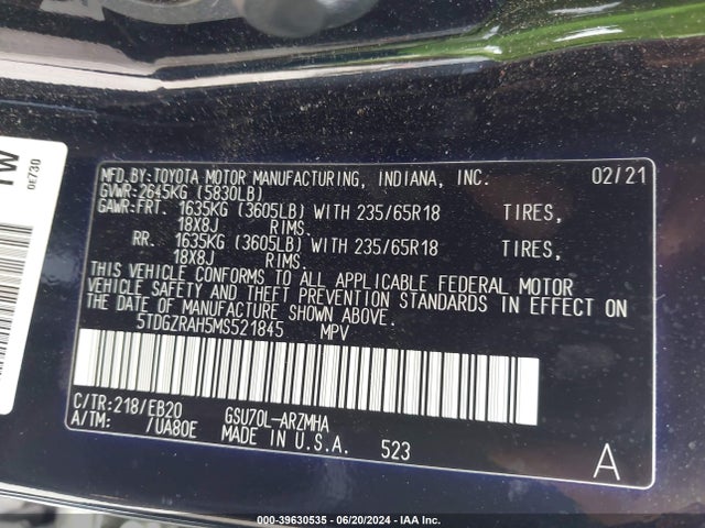 Toyota Highlander Xle 2021 5TDGZRAH5MS521845 Image 9