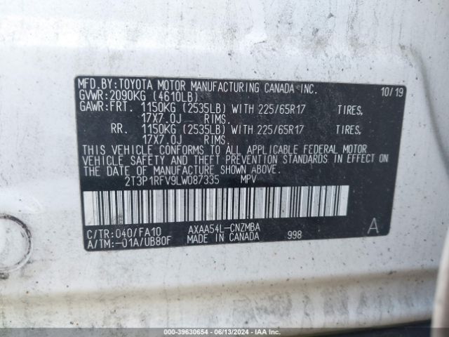2T3P1RFV9LW087335 Toyota Rav4 Xle